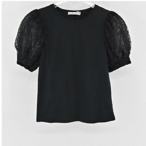 Alice + Olivia Womens Posey Top Black Lace Silk Puff Sleeve Chic Blouse Sz XS